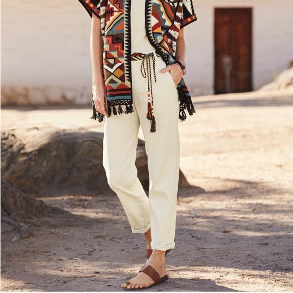 Peruvian Connection Kelvy Cropped Linen Blend Straight Trousers Pant Garnet Dyed - Picture 2 of 13